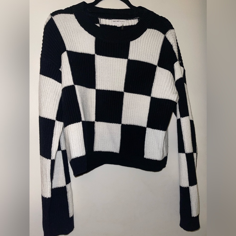 Grey lab checkered sweater